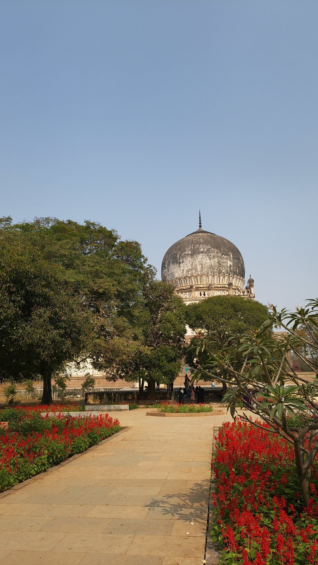 A garden path lined with red flowers leading to a dome